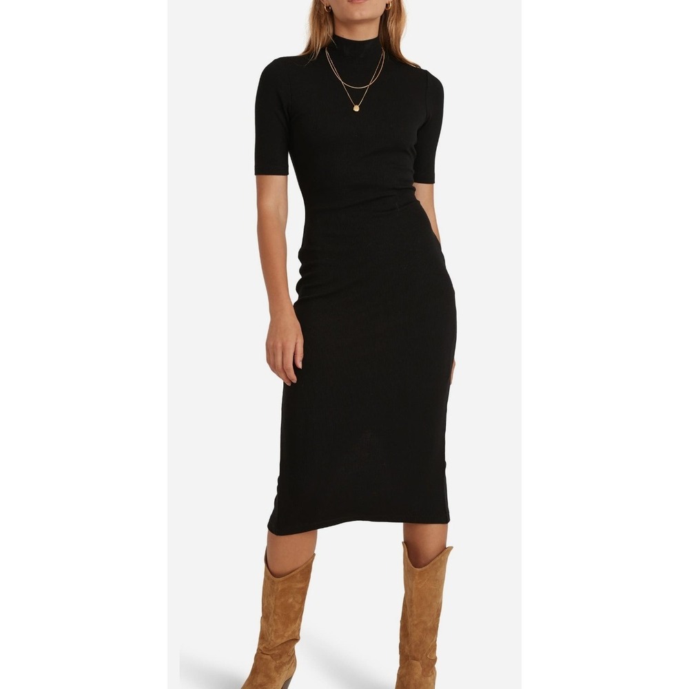 Marine Layer Lexi Rib Mock Neck Midi Dress Black Large Minimalist Clean Girl